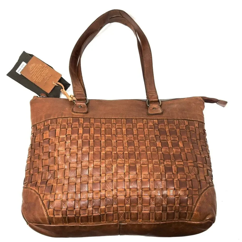 Vilenca Holland Laptop Shoulder Tote Bag Distressed Leather Brown Cognac NWT